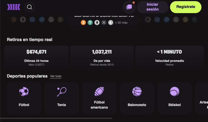 Captura de pantalla retiros en tiempo real en Cloudbet
