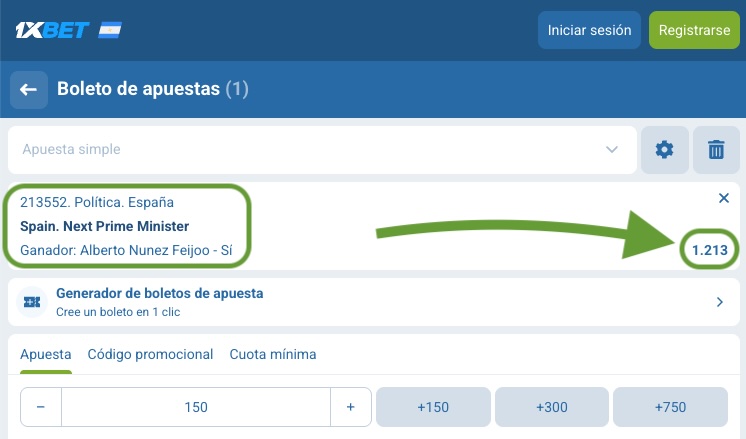 Imagen ticket apuestas Nuñez Feijoo próximo presidente España - 1xbet Latam